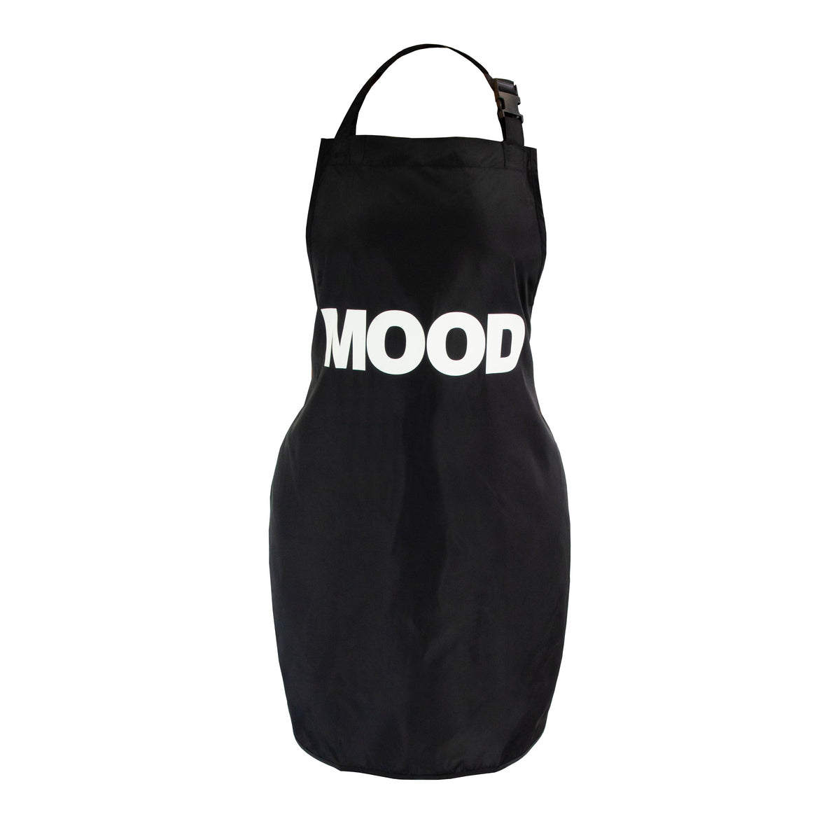 MOOD Apron Black – official full front view showing white MOOD logo and neck strap