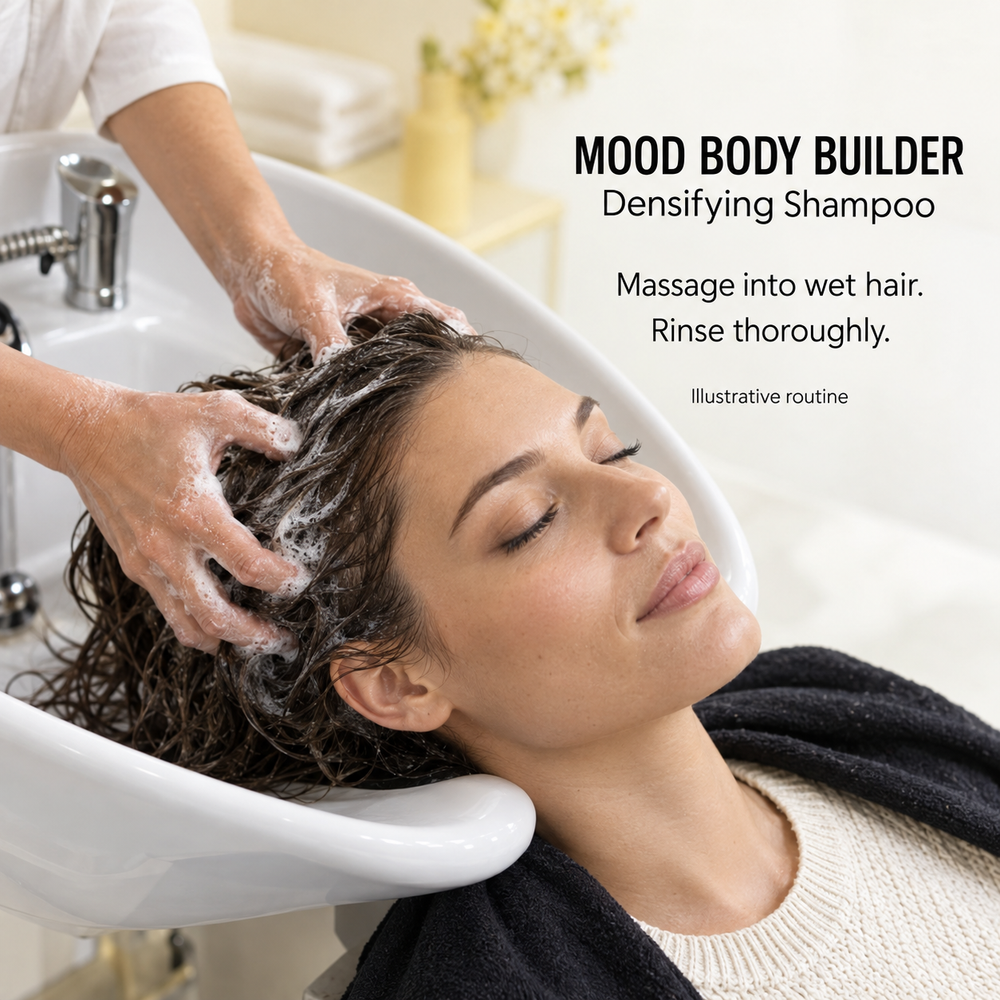 Illustrative salon shampoo routine for MOOD Body Builder: massage into wet hair and rinse