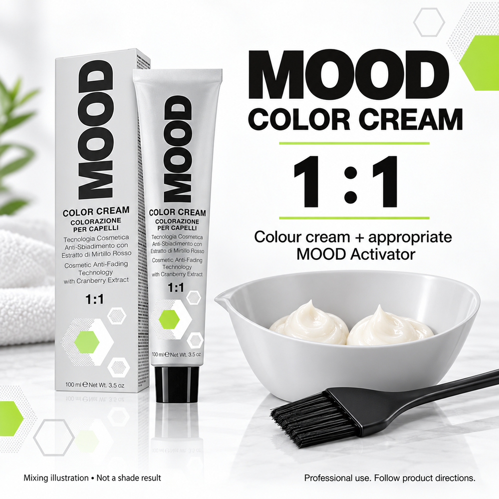 MOOD Color Cream 1:1 mixing illustration with MOOD Activator for professional hair colouring