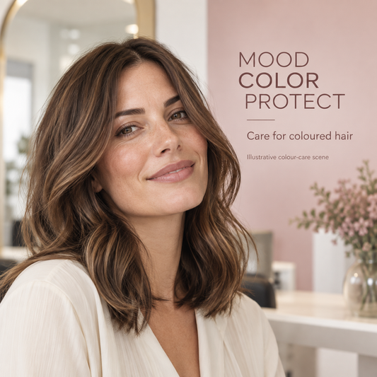 Illustrative MOOD Color Protect colour-care scene with coloured hair; not a demonstrated product result