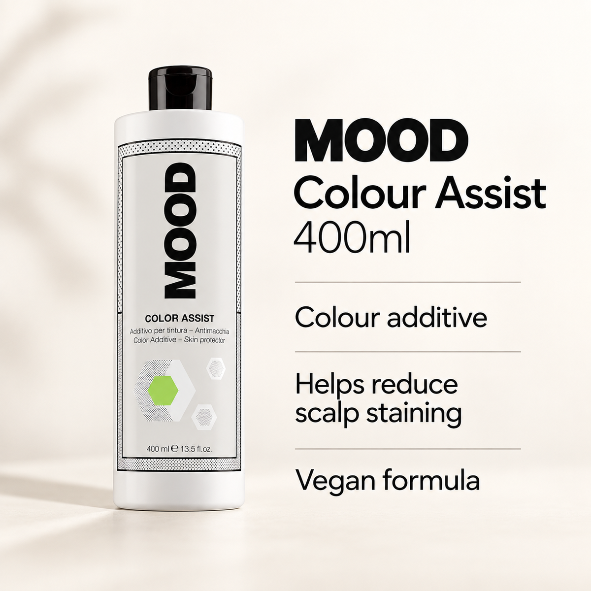 MOOD Colour Assist 400ml: colour additive, helps reduce scalp staining, vegan formula – illustrated benefit visual