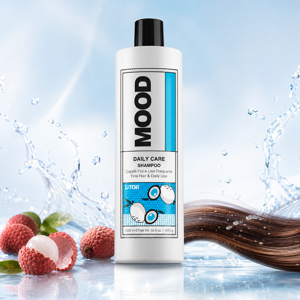 MOOD Daily Care Shampoo 1L – product and ingredient hero