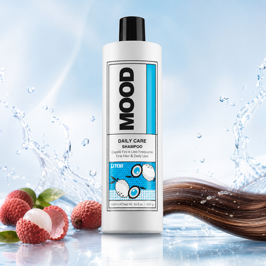 MOOD Daily Care Shampoo 1L – product and ingredient hero
