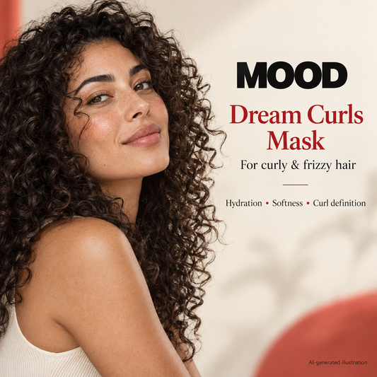 MOOD Dream Curls Mask benefits: hydration, softness and curl definition; AI-generated hair-care illustration, not a treatment result.