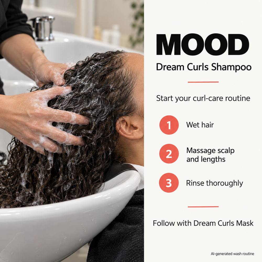 MOOD Dream Curls Shampoo routine: wet hair, massage scalp and lengths, rinse, then follow with Dream Curls Mask; AI-generated wash routine illustration.
