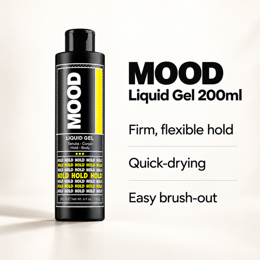 MOOD Liquid Gel 200ml: firm flexible hold, quick-drying and easy brush-out – illustrated benefit visual