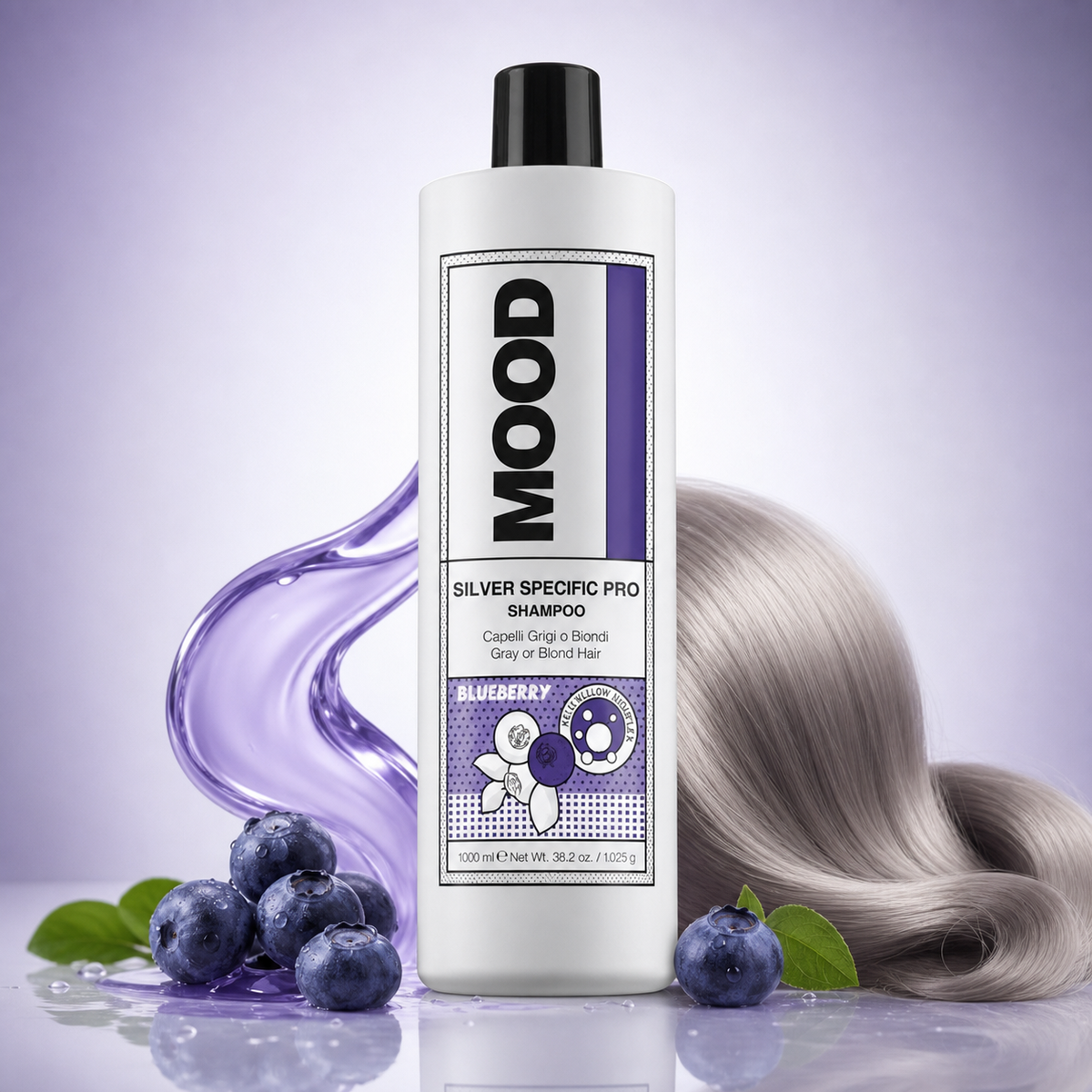 MOOD Silver Specific PRO Shampoo 1L – product and ingredient hero