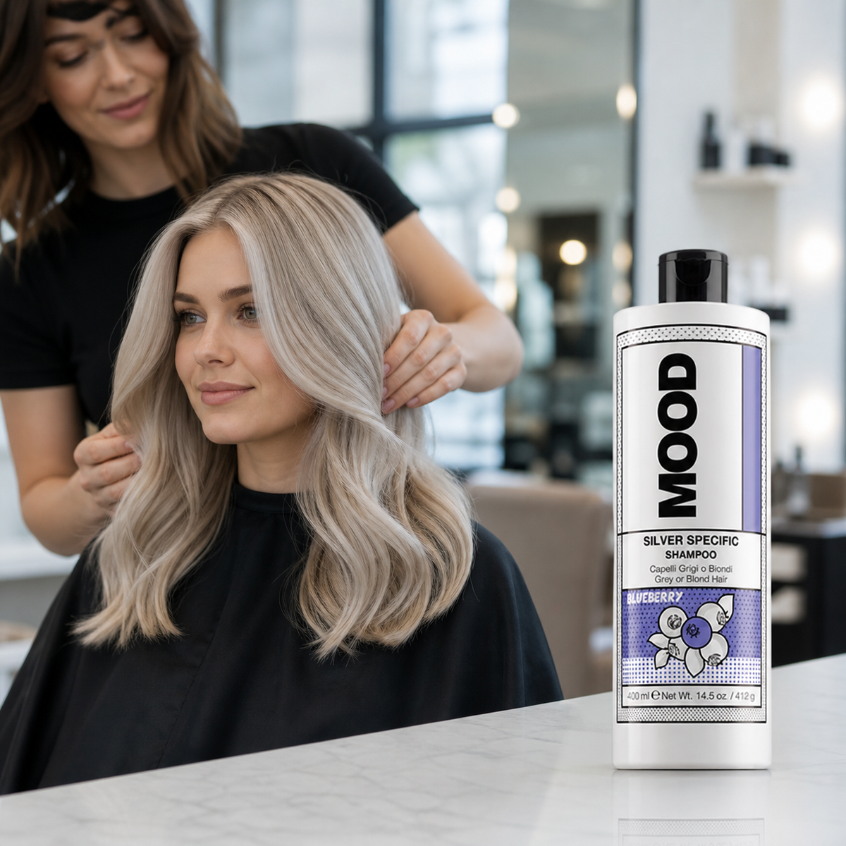 MOOD Silver Specific Shampoo 400ml – cool blonde finished result