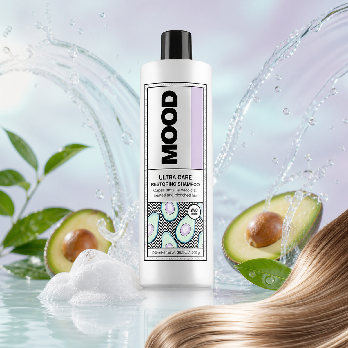 MOOD Ultra Care Restoring Shampoo 1L – product and avocado hero