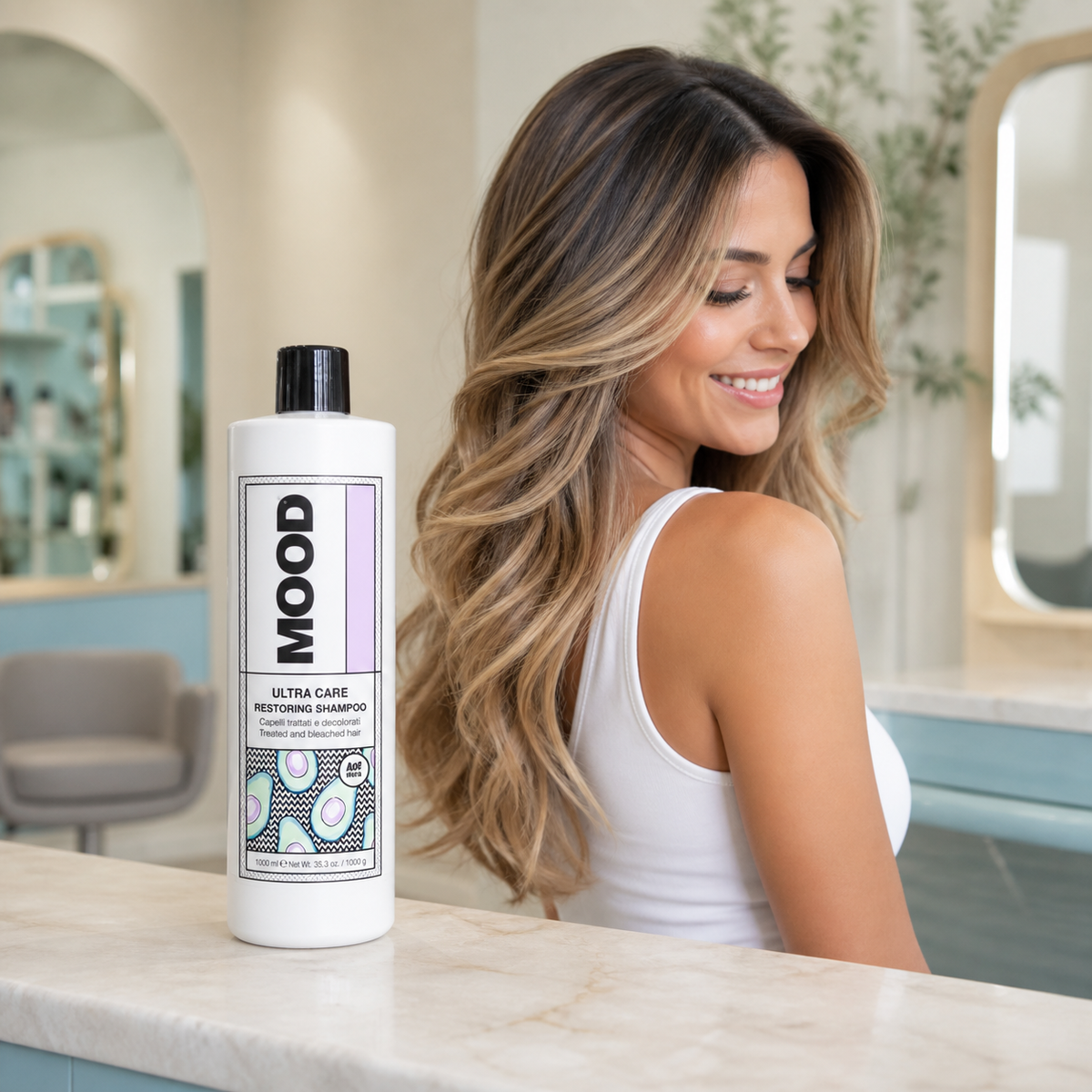 MOOD Ultra Care Restoring Shampoo 1L – glossy treated-hair result