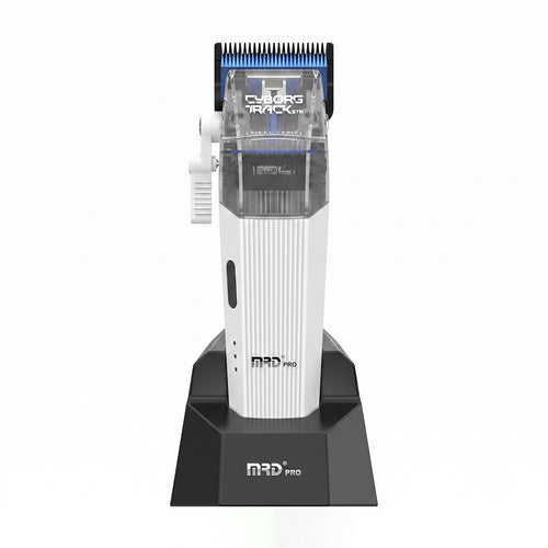 MRD Pro Cyborg Track Clipper in white on charging dock