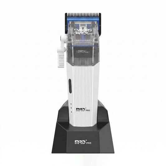 MRD Pro Cyborg Track Clipper in white on charging dock