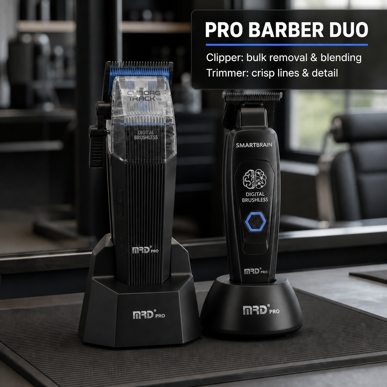 Black MRD professional barber duo for bulk removal, blending, lines and detail