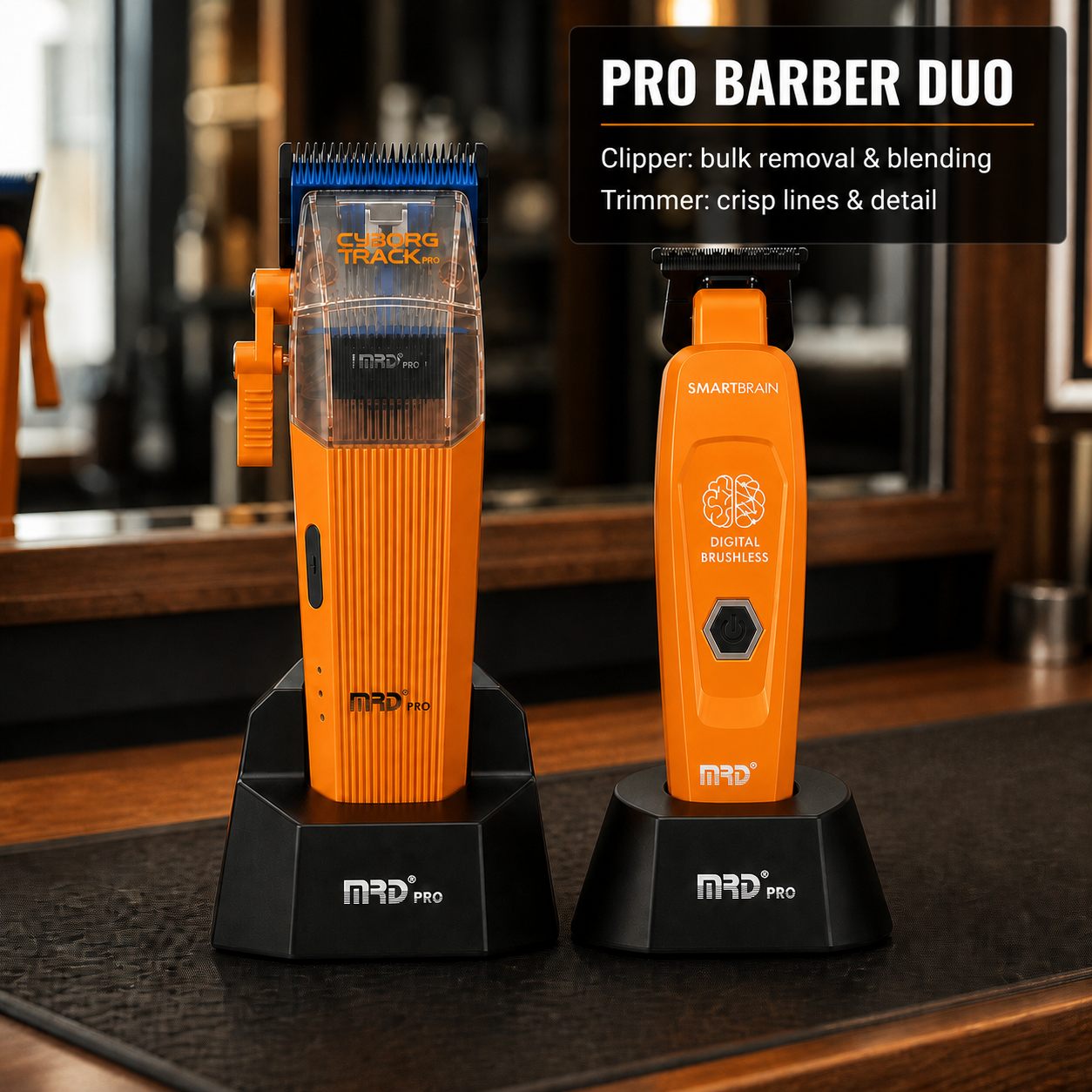 Orange MRD professional barber duo for bulk removal, blending, lines and detail