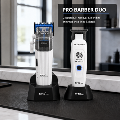 White MRD professional barber duo for bulk removal, blending, lines and detail