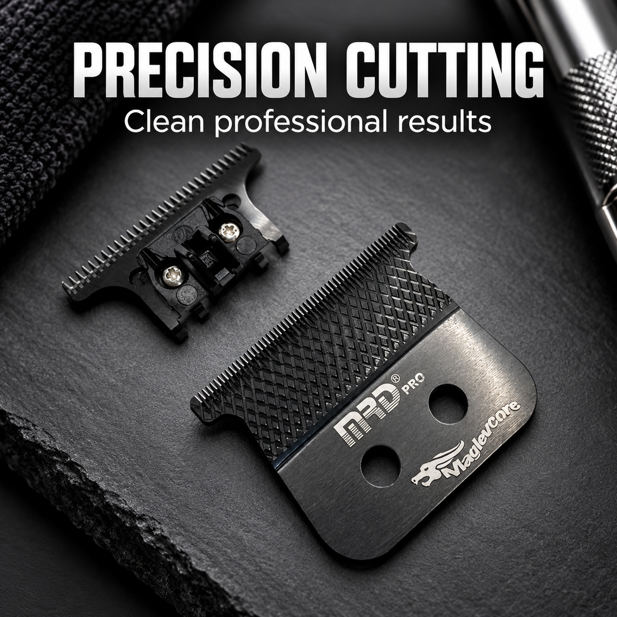 MRD Pro replacement T-blade and cutter on a dark towel: precision cutting