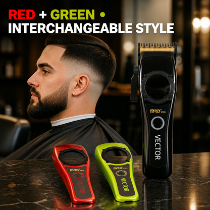 MRD Pro Vector Clipper with red and green interchangeable covers and finished fade result