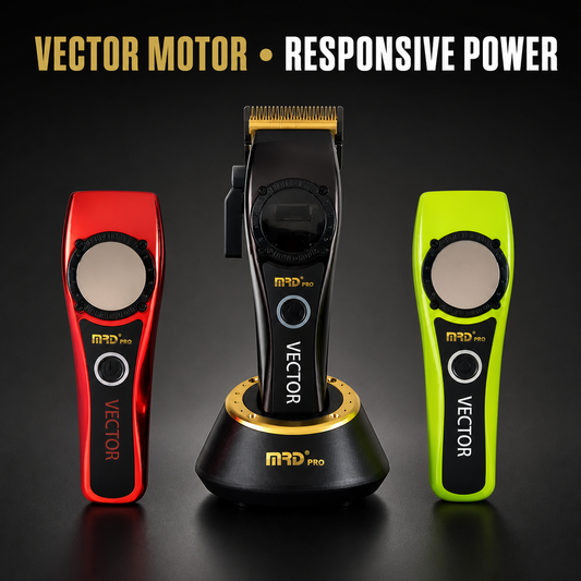 MRD Pro Vector Clipper with red and green interchangeable covers and responsive power benefit text