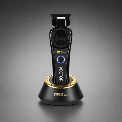 Black MRD Pro Vector trimmer upright in its black and gold charging dock