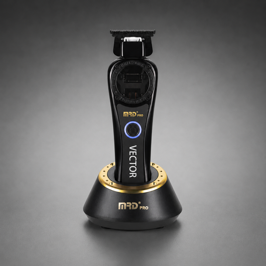 Black MRD Pro Vector trimmer upright in its black and gold charging dock