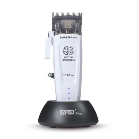 White MRD Smart Brain cordless clipper on charging stand
