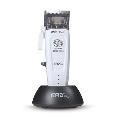 White MRD Smart Brain cordless clipper on charging stand
