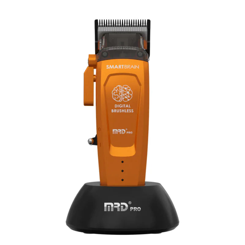 Orange MRD Smart Brain cordless clipper on charging stand