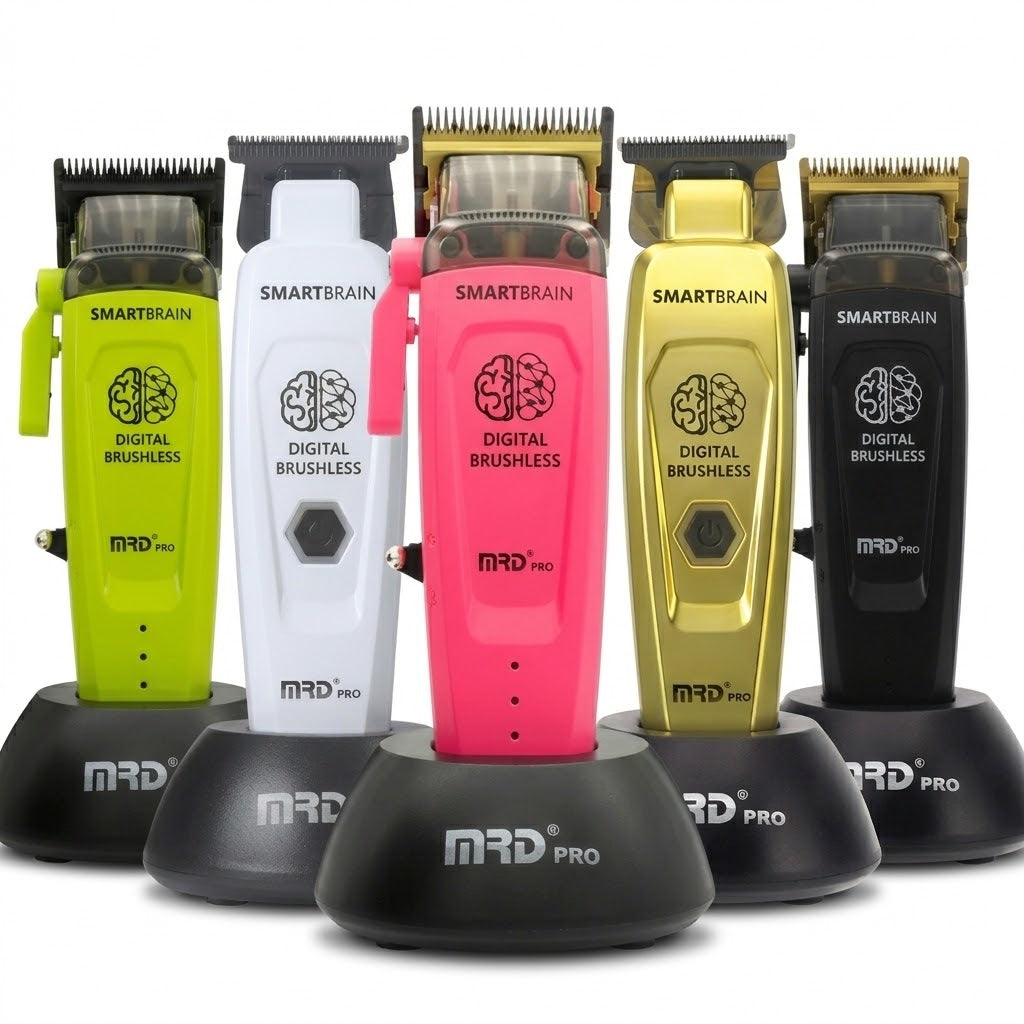MRD Smart Brain cordless clipper colour range with charging stands