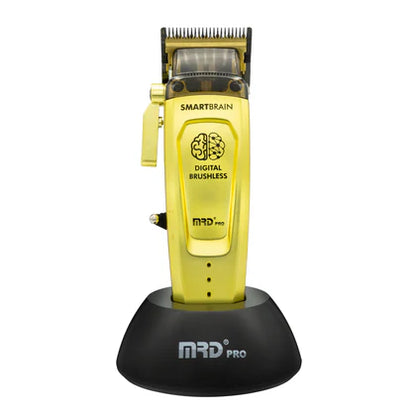Gold MRD Smart Brain cordless clipper on charging stand