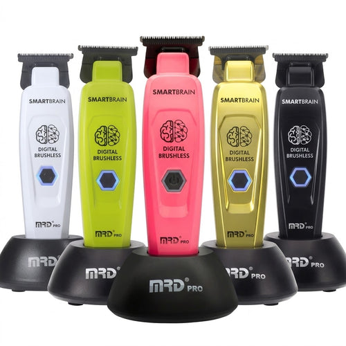 MRD Smart Brain cordless trimmer colour range on charging stands