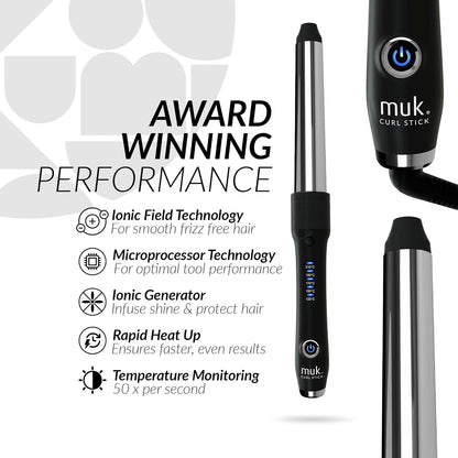 MUK. Curl Stick 3 Barrels Professional Series Hair Curler Set - 3 Interchangeable Titanium Barrels for Various Curls & Waves. Curling Iron with 5 Heat Settings & Ion Technology, Curling Wand Kit - MV hair and beauty