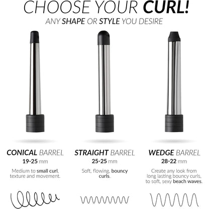 MUK. Curl Stick 3 Barrels Professional Series Hair Curler Set - 3 Interchangeable Titanium Barrels for Various Curls & Waves. Curling Iron with 5 Heat Settings & Ion Technology, Curling Wand Kit - MV hair and beauty