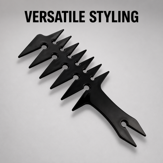 Black 3-way wide-tooth styling comb with Versatile Styling benefit text