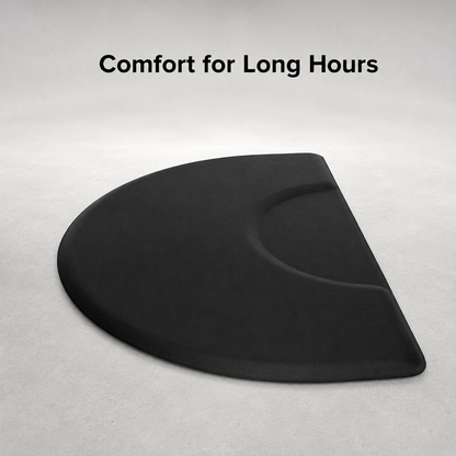 MV black anti-fatigue barber mat with Comfort for Long Hours benefit text