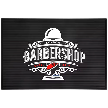 MV black ribbed barber tool mat with London Barbershop graphic