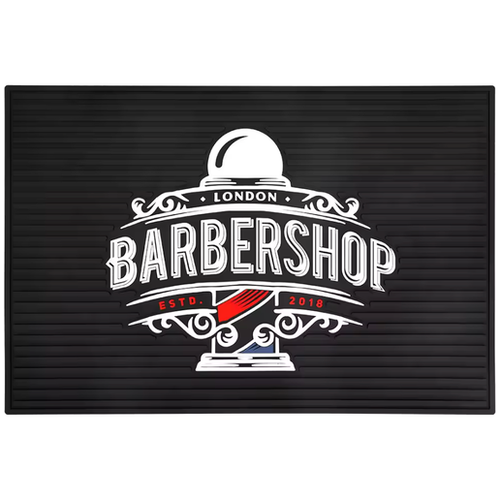 MV black ribbed barber tool mat with London Barbershop graphic