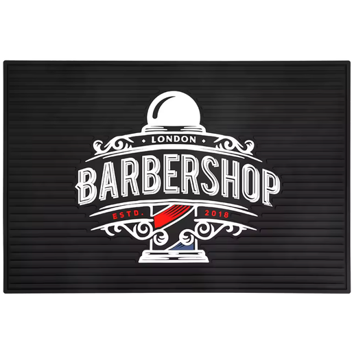MV black ribbed barber tool mat with London Barbershop graphic