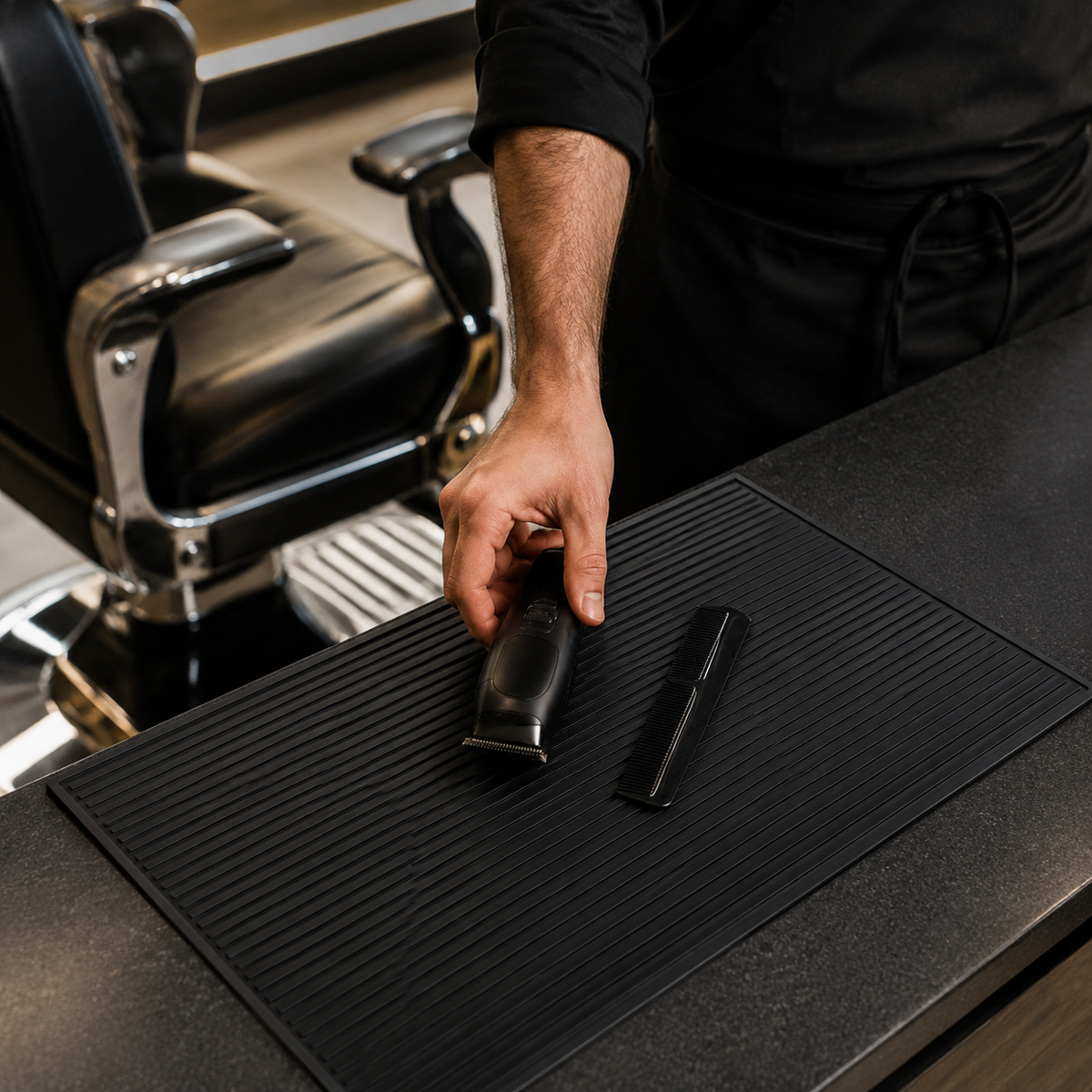 Barber placing a cordless clipper and comb on a black ribbed workstation mat