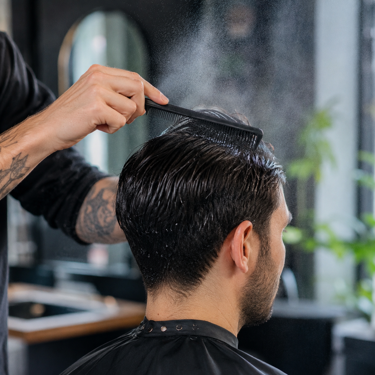 Barber combing evenly dampened hair before cutting