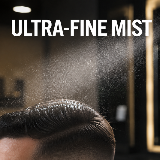 Ultra-fine water mist over dark hair before a barber cut