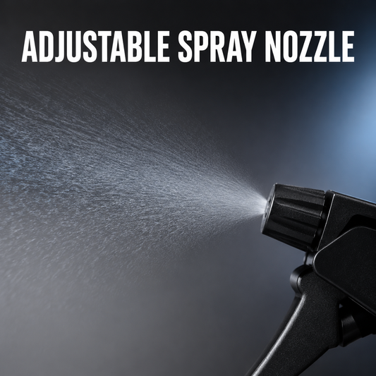 Adjustable black spray nozzle producing a fine mist for barbershop hair preparation