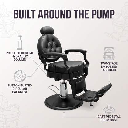 MV Baron Black barber chair pump, tufted backrest and footrest details