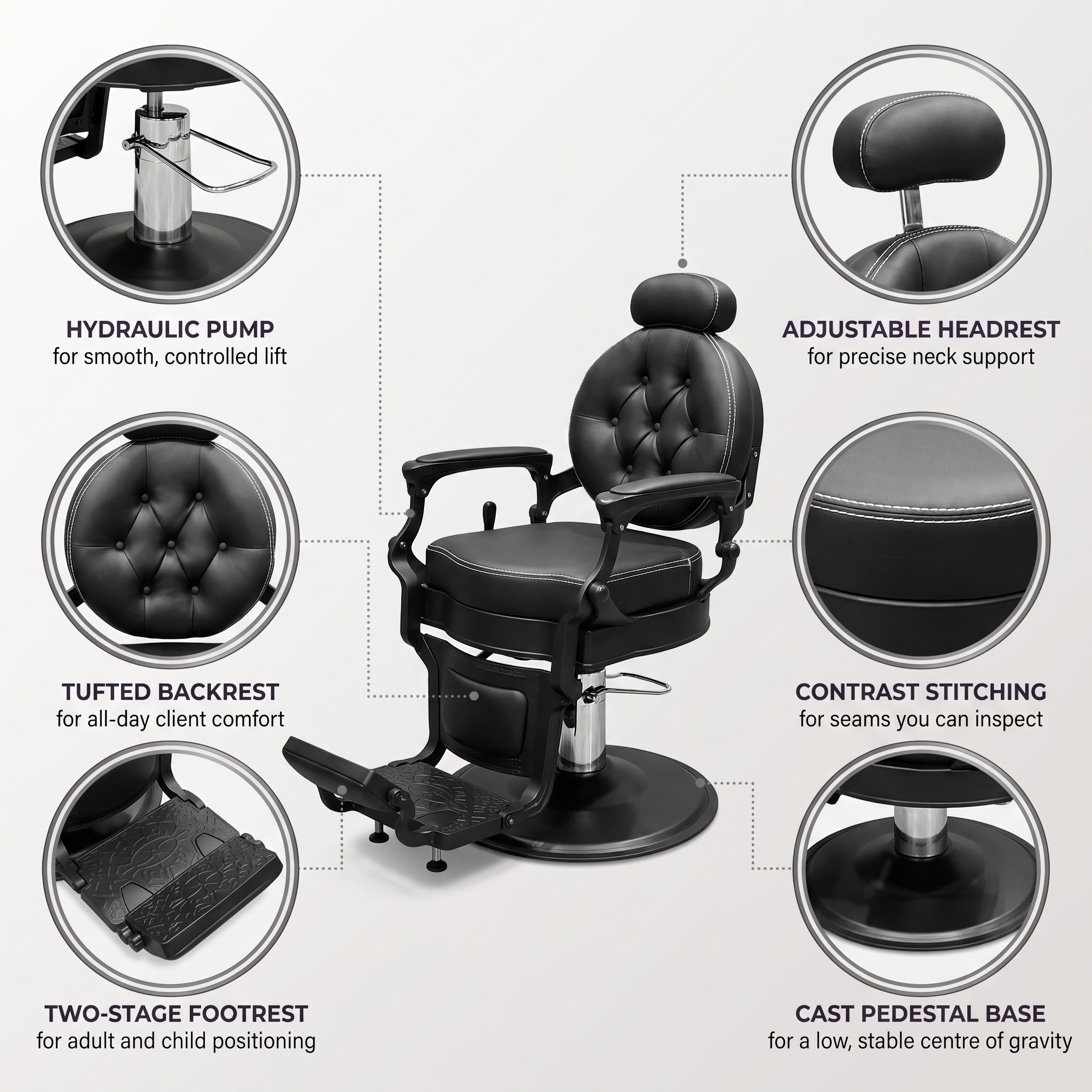 MV Baron Black chair feature callouts for pump, headrest and swivel base