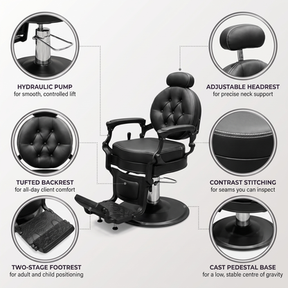MV Baron Black chair feature callouts for pump, headrest and swivel base
