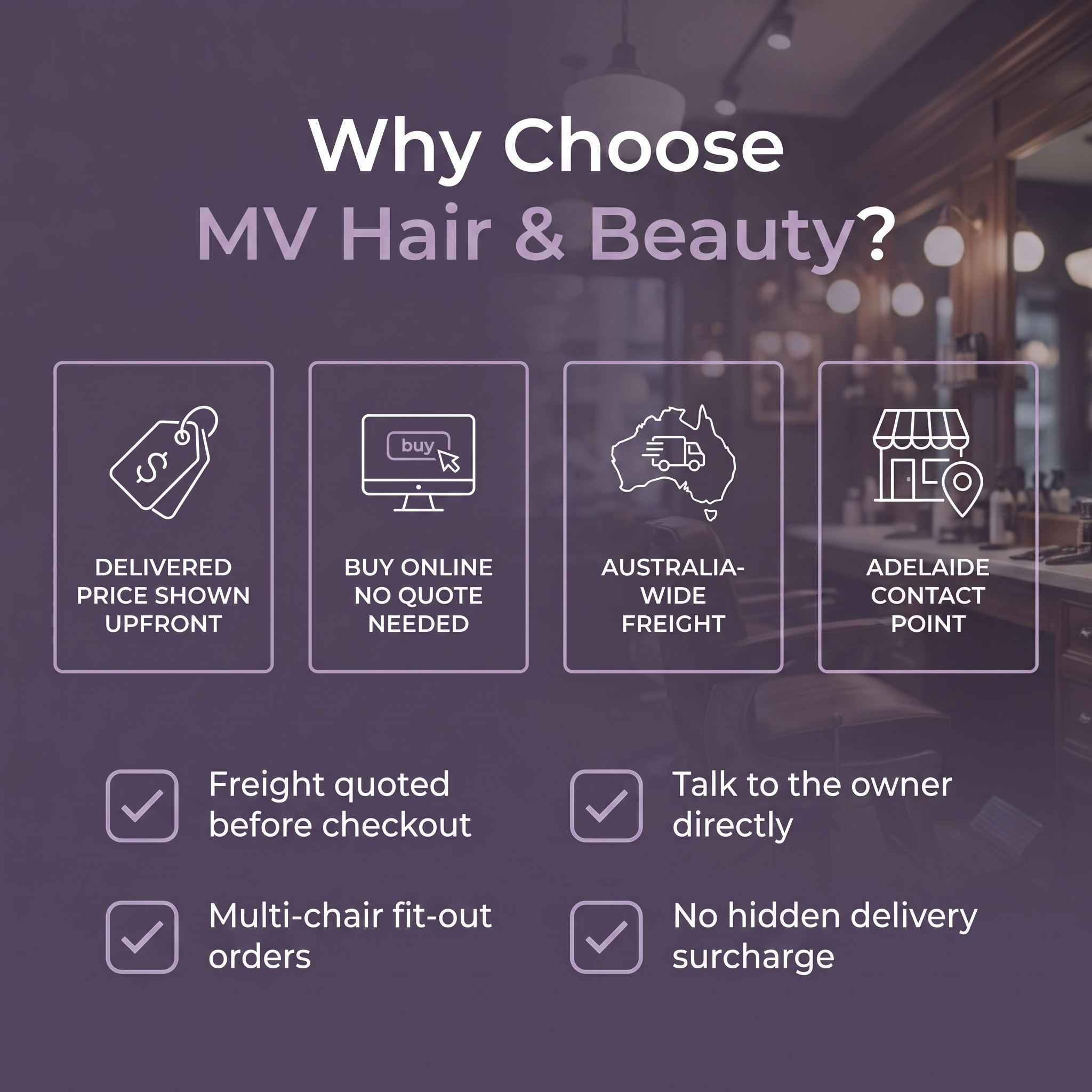 MV Hair & Beauty Australia-wide freight and Adelaide barber chair support