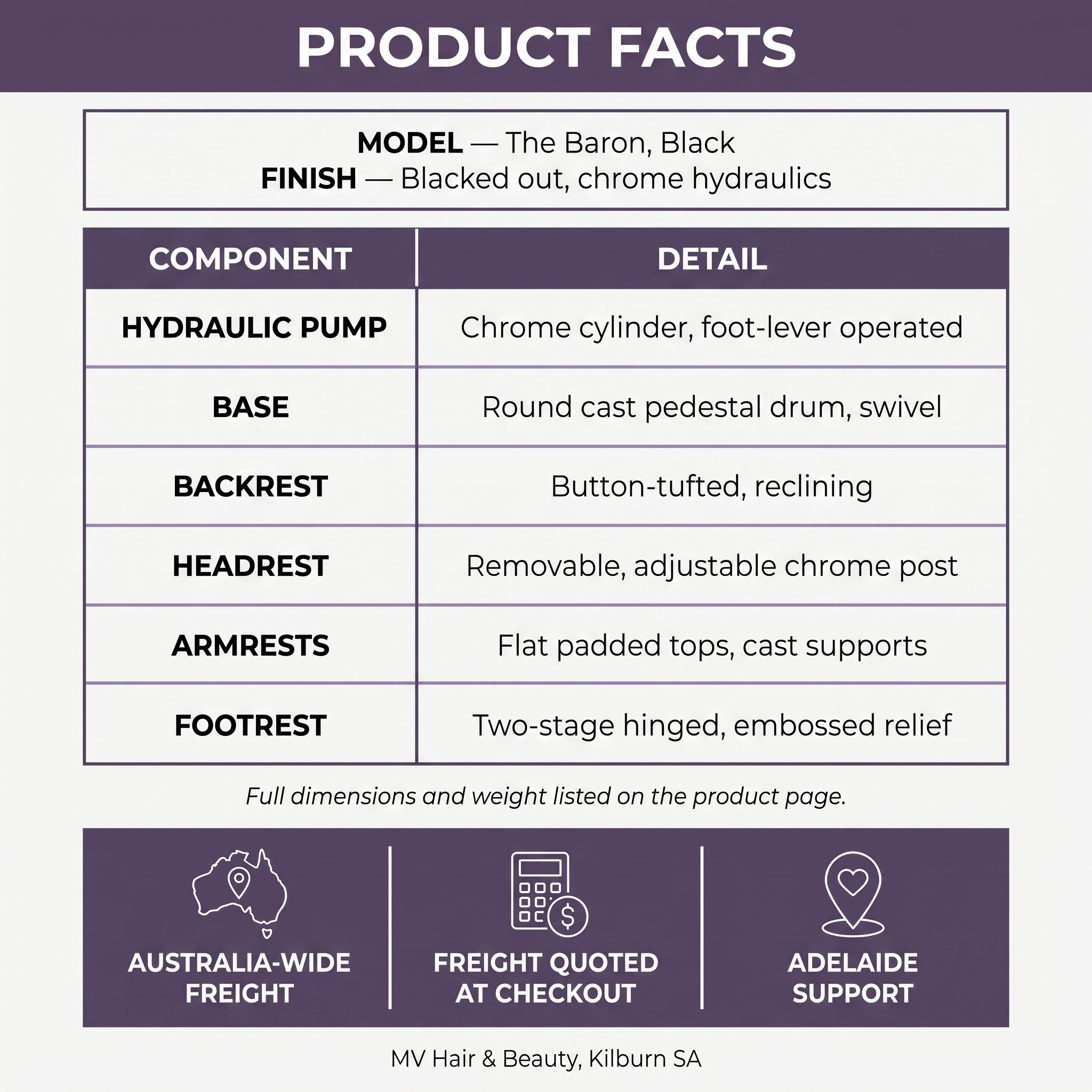 MV Baron Black barber chair product facts and component specifications