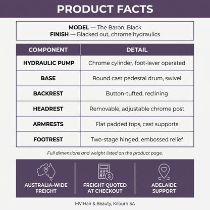 MV Baron Black barber chair product facts and component specifications