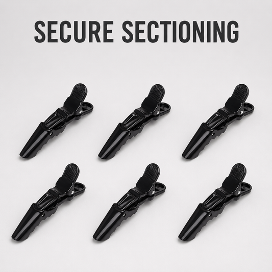 Six black crocodile hair clips with secure sectioning benefit text