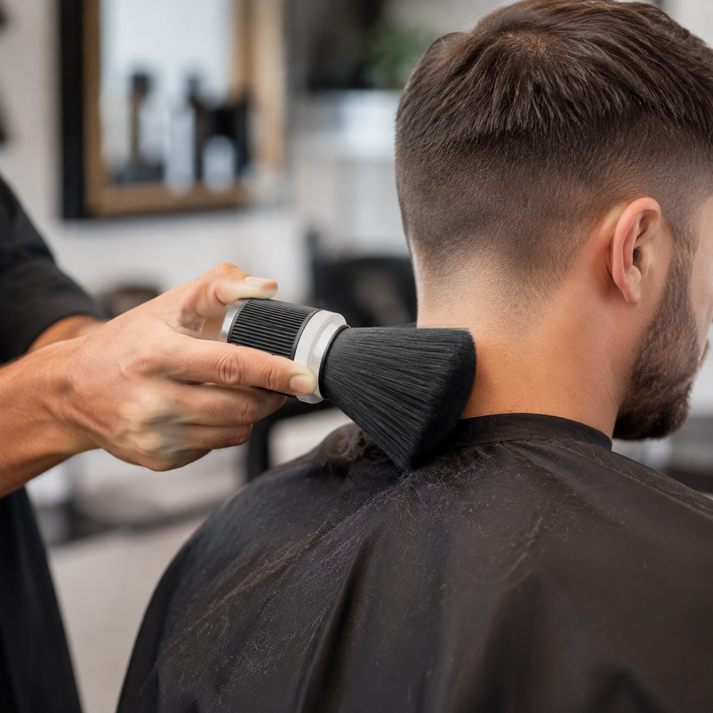 Barber using a black-bristle neck brush to sweep loose clippings from an adult client's neckline