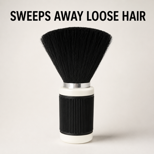 Black-and-ivory barber neck brush with SWEEPS AWAY LOOSE HAIR benefit text